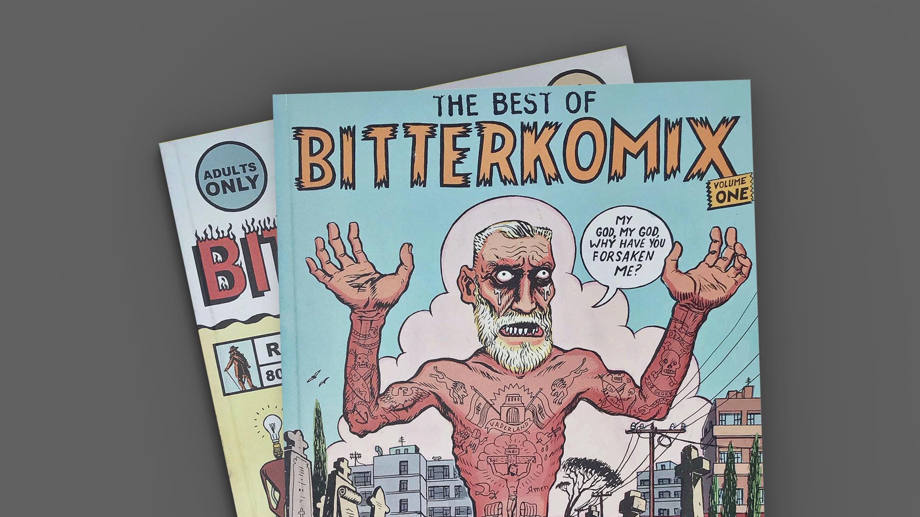 Best of Bitterkomix vol.1 aerial view cropped. Covers, back and front.