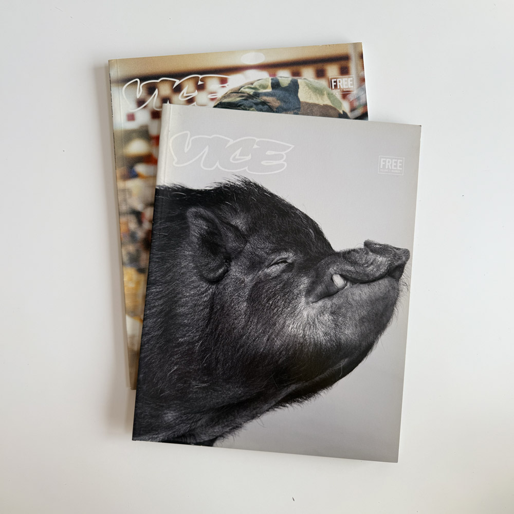 vice-magazine-south-africa-volume-1-set The inaugural first and second issues of the South African edition of VICE Magazine stacked on a white background, featuring the Volume 1 Number 1 pig cover on top.