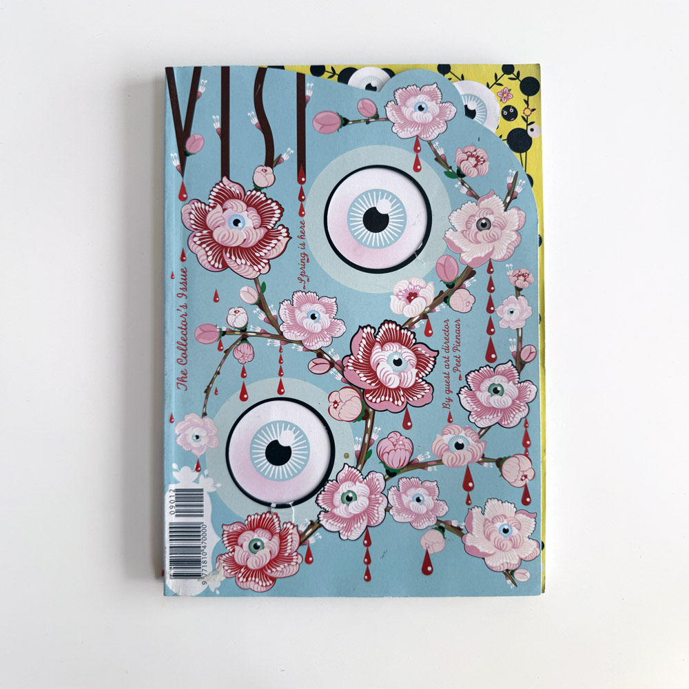 visi-magazine-issue-27-peet-pienaar he die-cut front cover of VISI Magazine Issue 27 Spring 2006 Collector's Issue, guest art-directed by Peet Pienaar, featuring a surreal blue flower and eyeball illustration.